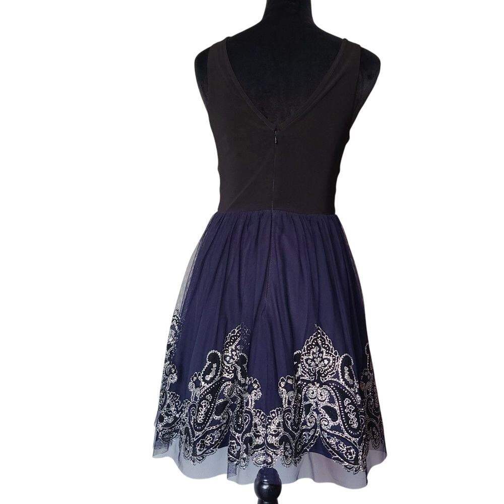 Blondie Nites by Stacy Skylar Dress Size 1 Fit and Flare Deep V Blue Black Tulle - Picture 2 of 10